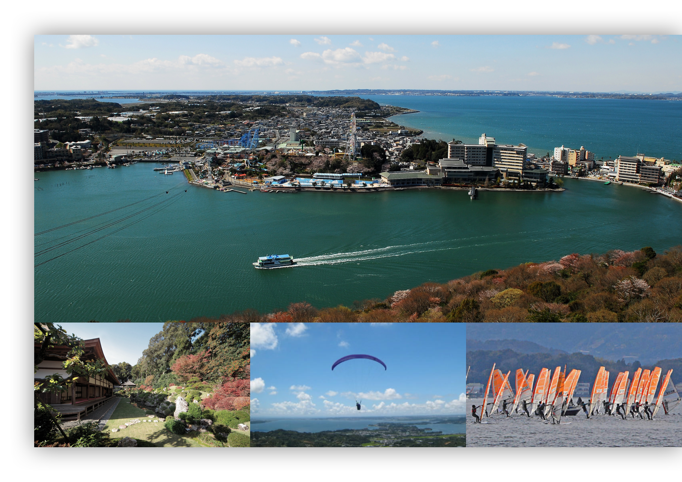 A four part image. A large photo depicts Lake Hamana as seen from a height. A passenger boat leaves a wake in the water, and multi-story buildings can be seen on the strip of land dividing the lake from the sea. The bay can be seen beyond the buildings. The three photos on the bottom depicts 1) a temple to the left, looking out on a Japanese garden with some autumn coloring, 2) a hang glider seen from behind, gliding against a blue sky over Hamamatsu, and 3) a dense group of windersurfers in Hamamatsu.